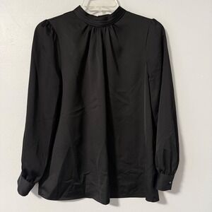 J. Crew Black Mock Neck Pleated Long Sleeve Satin Shirt Blouse Women's‎ XS